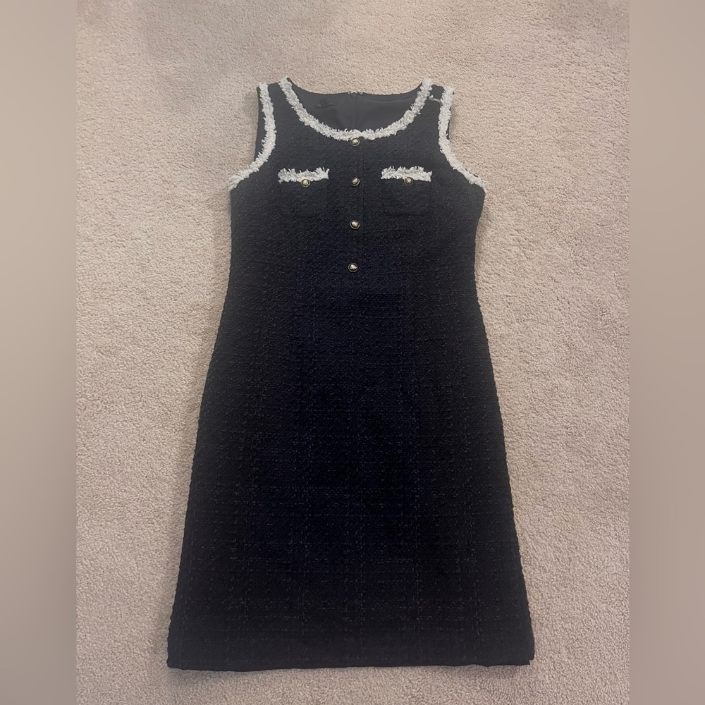 Talbots Blue Mini Dress with White Accents tweed and gold buttons